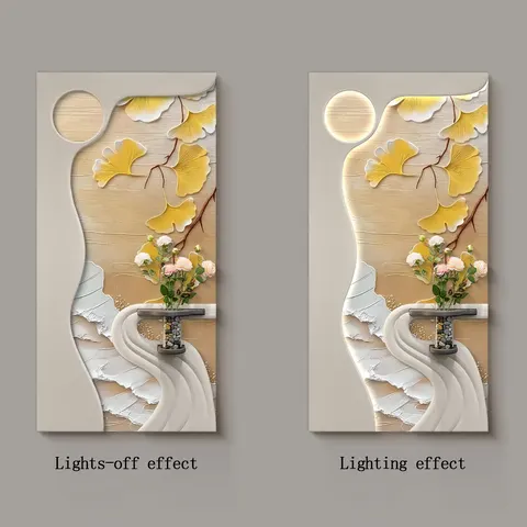Factory Wholesale Apricot Leaf Entrance Hall Home Decor Painting Sandstone Styling Flower Glowed LED Painting
