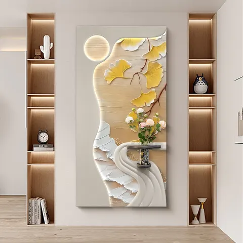 Factory Wholesale Apricot Leaf Entrance Hall Home Decor Painting Sandstone Styling Flower Glowed LED Painting