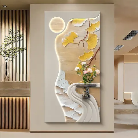 Factory Wholesale Apricot Leaf Entrance Hall Home Decor Painting Sandstone Styling Flower Glowed LED Painting