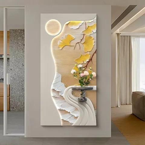 Factory Wholesale Apricot Leaf Entrance Hall Home Decor Painting Sandstone Styling Flower Glowed LED Painting