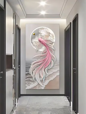 锦鲤 单幅 装饰画 现代简约 玄关背景墙挂画 砂岩浮雕