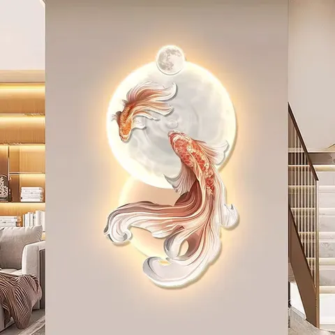 Factory Wholesale Koi Crystal Porcelain Painting Wall Art LED Light Painting Paintings and Wall Arts Wall Art Home Decor
