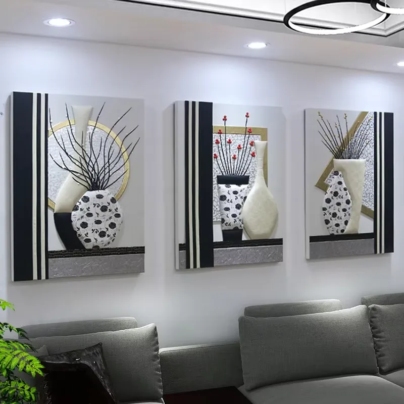 Factory Wholesale Living Room Triple Decorative Paintings Light Luxury Couch Background Wall 3D Solid Leather Painting