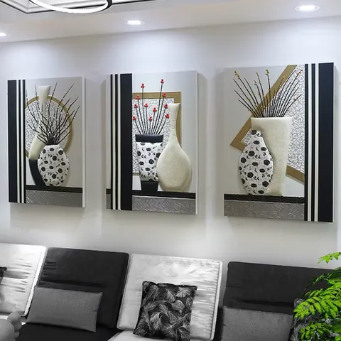 Factory Wholesale Living Room Triple Decorative Paintings Light Luxury Couch Background Wall 3D Solid Leather Painting