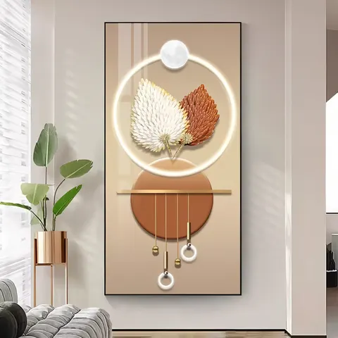 Factory Wholesale Simple Feather Surrounded by LED Luminous Crystal Porcelain Painting Art Home Decor Painting
