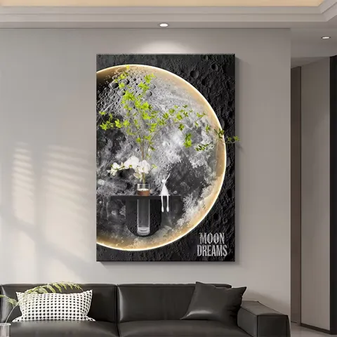 Fashion Moon Hydroponics Green Plants Sandstone Fabric Art Home Decor Paintings Glowed LED Wall Surface Mural Painting