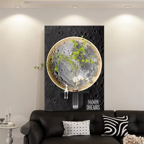 Fashion Moon Hydroponics Green Plants Sandstone Fabric Art Home Decor Paintings Glowed LED Wall Surface Mural Painting