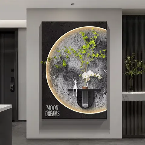 Fashion Moon Hydroponics Green Plants Sandstone Fabric Art Home Decor Paintings Glowed LED Wall Surface Mural Painting