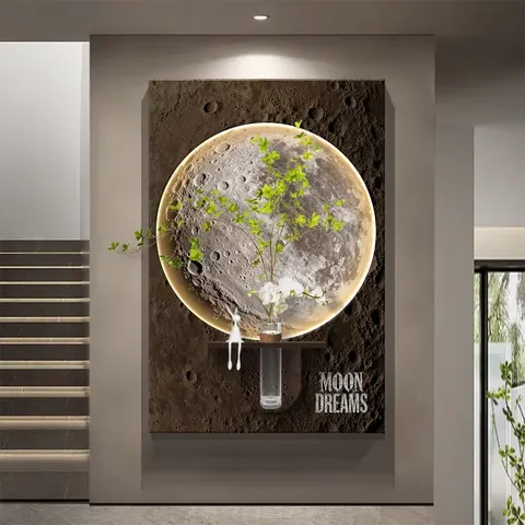 Fashion Moon Hydroponics Green Plants Sandstone Fabric Art Home Decor Paintings Glowed LED Wall Surface Mural Painting
