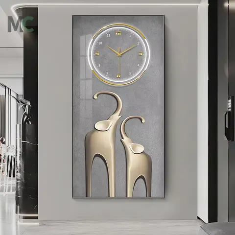 Fashionable Entryway Clocks Abstract Hanging Painting Hotel Corridor Auspicious Elephant Crystal Porcelain Wall Decor Painting