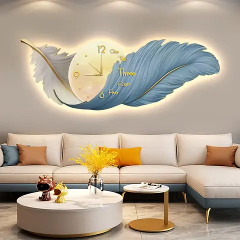 Fashionable Feather-Decorated Wall Clock: Unique and Creative Home Decor Art High Definition Crystal Painting with Backlighting