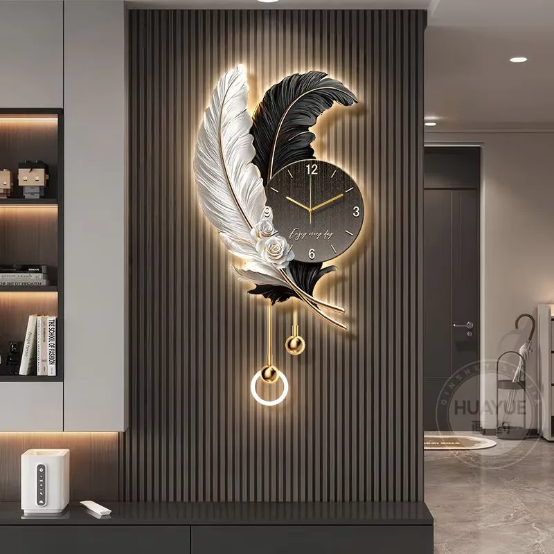 Feather Background Wall Decor Painting, Light Luxury Living Room Wall Clock, High-end Creative Grille Wall Light for Home Decor