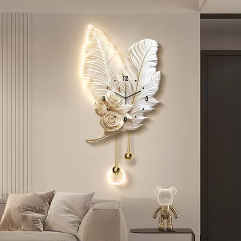 Feather Background Wall Decor Painting, Light Luxury Living Room Wall Clock, High-end Creative Grille Wall Light for Home Decor