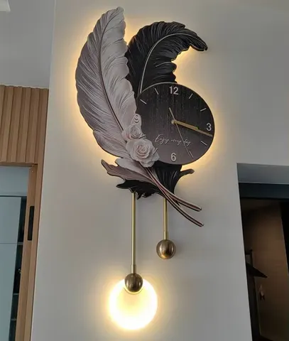 Feather Background Wall Decor Painting, Light Luxury Living Room Wall Clock, High-end Creative Grille Wall Light for Home Decor