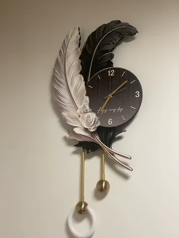 Feather Background Wall Decor Painting, Light Luxury Living Room Wall Clock, High-end Creative Grille Wall Light for Home Decor