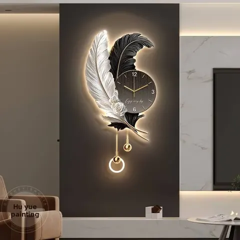 Feather Background Wall Decor Painting, Light Luxury Living Room Wall Clock, High-end Creative Grille Wall Light for Home Decor