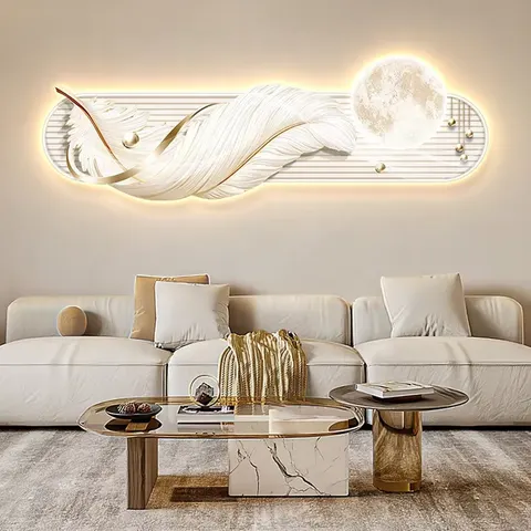 Feather Living Room Decoration Painting, Cream Wind Painting and Wall Art, Led Light Sofa Background Wall, Home Decoration