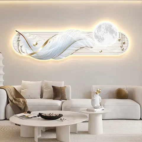 羽毛 单幅 装饰画 奶油风 客厅背景墙挂画 LED带灯画