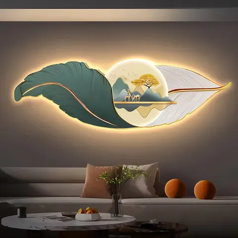 Feather Mural with Light Diamond Paintings Laser Engraving Crystal Porcelain Painting Wall Art Home Decor