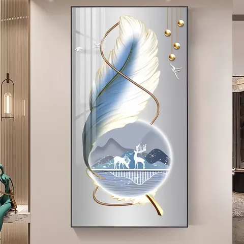 Feather Mural with Light Surrounded by Glowing Decorative Paintings Crystal Porcelain Painting Wall Art Home Decor