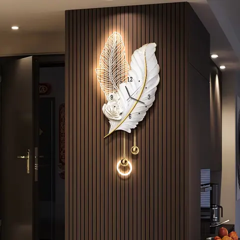 Feathers Clock Art Home Decor Painting Television Background Wall Glowed Acrylic LED Painting