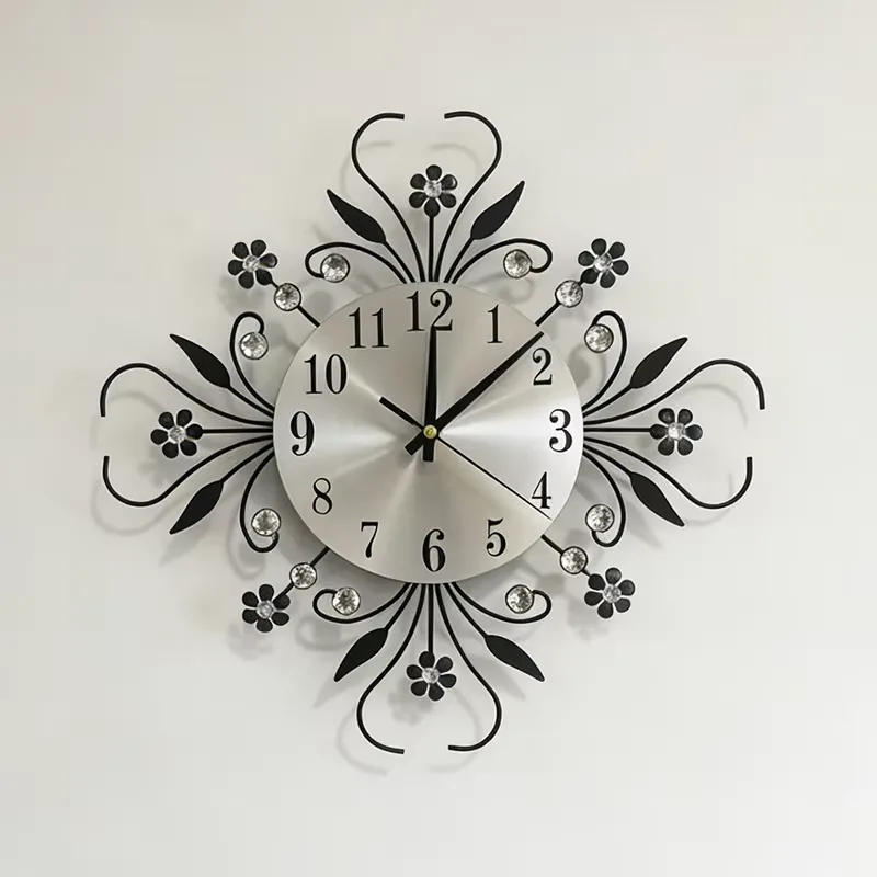 Floral Crystal Wrought Iron Silent Wall Clock Art Decorative Quartz Clock for Living Room