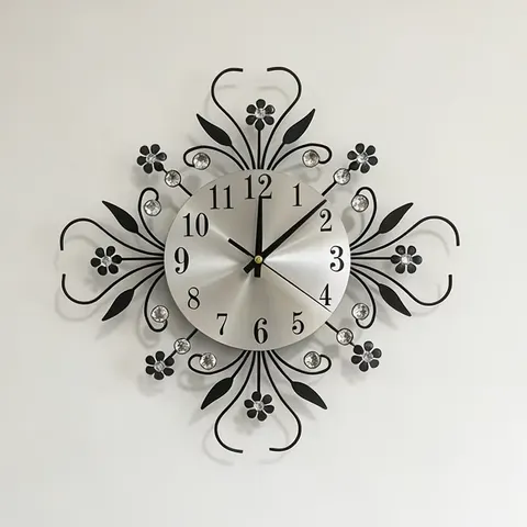 Floral Crystal Wrought Iron Silent Wall Clock Art Decorative Quartz Clock for Living Room