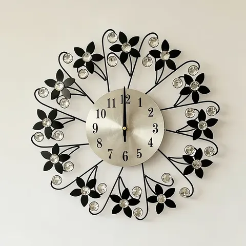Floral Crystal Wrought Iron Silent Wall Clock Art Decorative Quartz Clock for Living Room