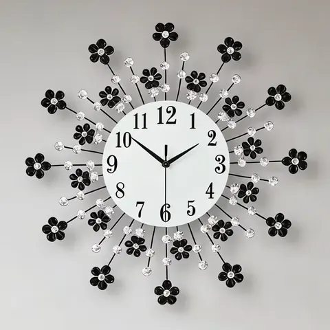 Floral Crystal Wrought Iron Silent Wall Clock Art Decorative Quartz Clock for Living Room