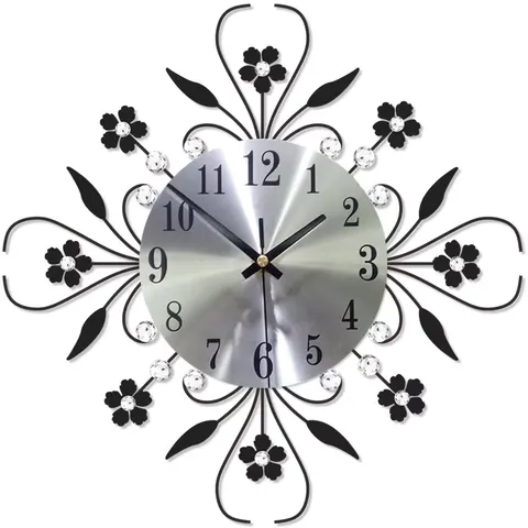 Floral Crystal Wrought Iron Silent Wall Clock Art Decorative Quartz Clock for Living Room