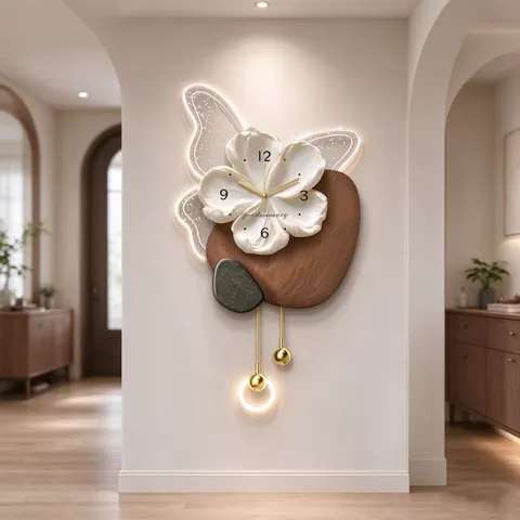 Flower Shaped Acrylic LED Wall Clock with Metal Light Pendulum Silent European Style for Entryway Living Room Home Decor