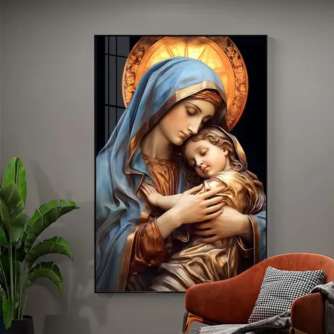Framed Crystal Painting of the Virgin Mary: Catholic Religious Home Decor Icon