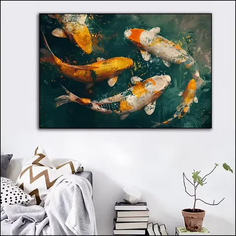 Freehand Painting Nine Fish Picture Texture Sense Living Room Decorative Painting New Chinese Koi Porch Art Home Decor Painting
