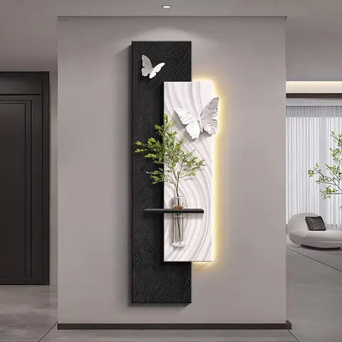 French Retro Black and White Minimalist Green Plant Art Decor Painting Living Room Background Wall Sandstone with LED Glow Mural