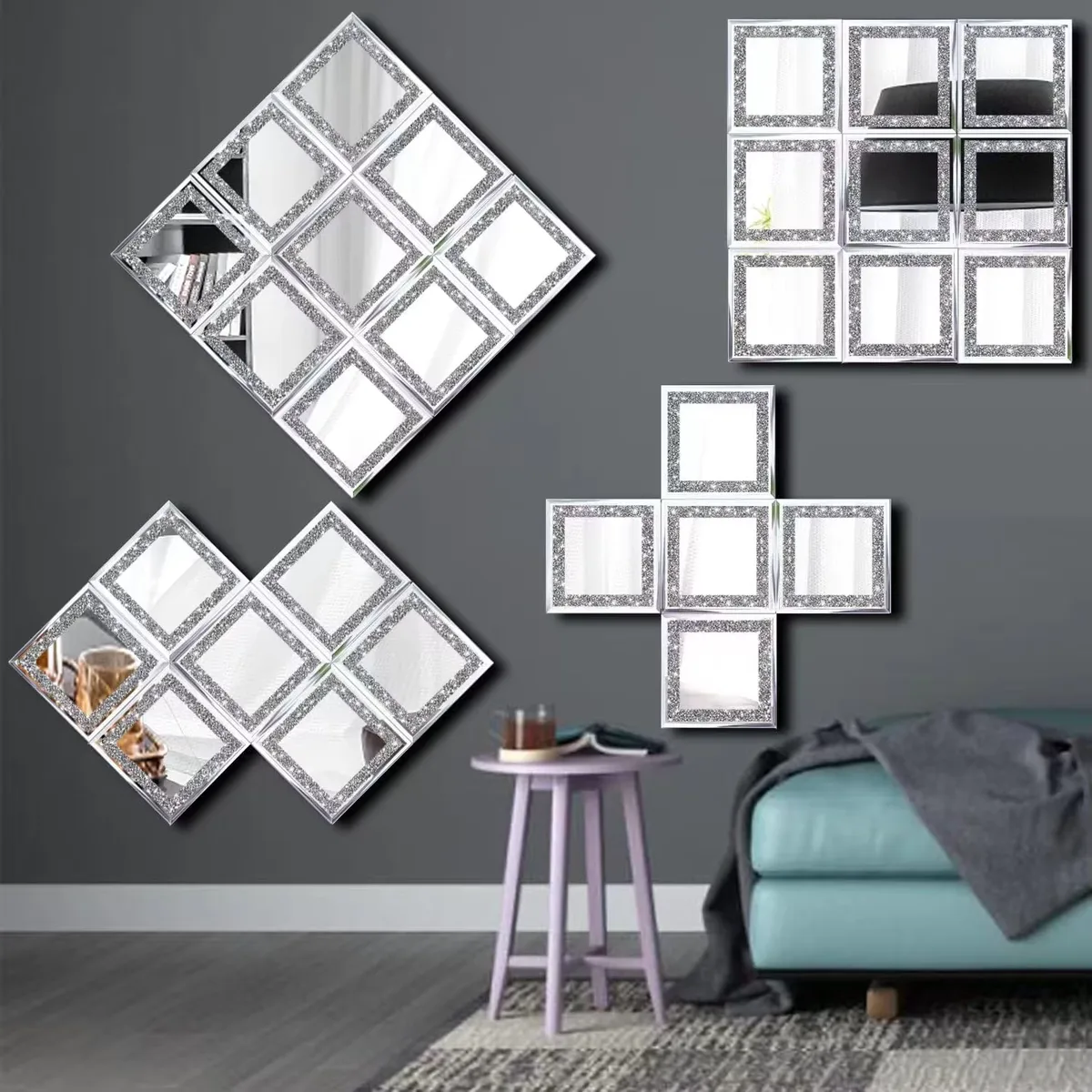 Full Length or Tiles Crystal Crush Full Body Wall Diamond Room Mirror 8PCS Glass Frameless Crush Diamond Mirror Wall Decor 6in