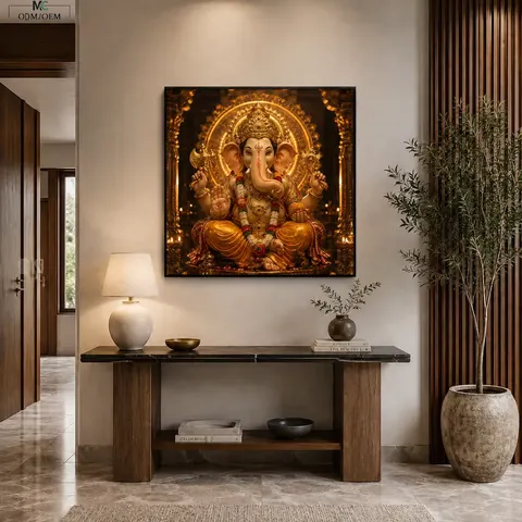 Ganesha Wall Art Hindu Elephant God Canvas Indian Religious Decor Golden Deity Painting Entryway Wall Decor