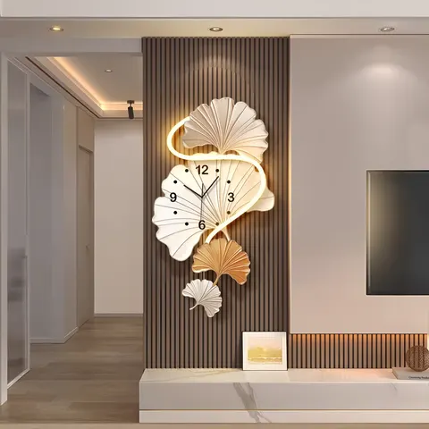 Gingko Leaf TV Background Wall Art Home Decor Painting Creative Clock Fine Carving Acrylic LED Painting