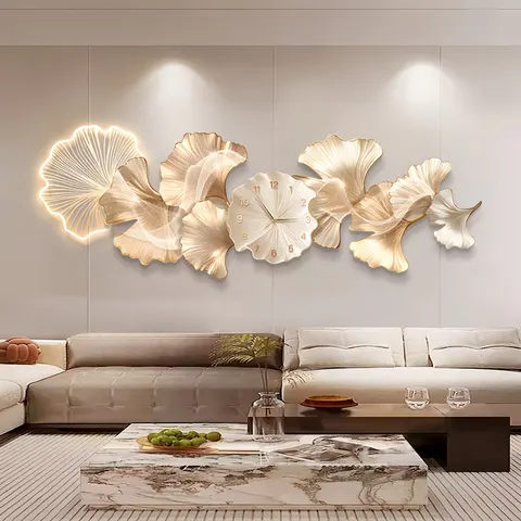 Ginkgo Leaves Acrylic LED Painting Sofa Background Wall With Clocks and Watches Home Furnishings Art Decor Painting