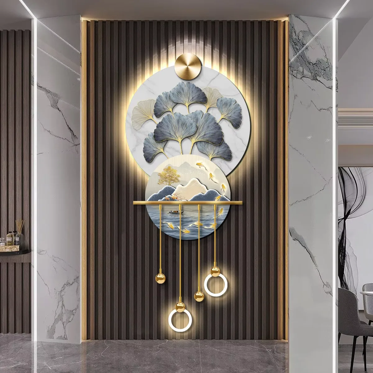 Ginkgo Leaves Picture of Nine Fishes Crystal Porcelain Paintings Metal Pendant Glowed LED Paintings
