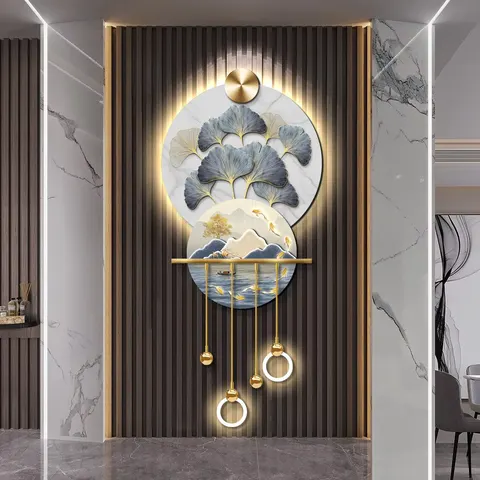 Ginkgo Leaves Picture of Nine Fishes Crystal Porcelain Paintings Metal Pendant Glowed LED Paintings
