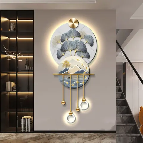 Ginkgo Leaves Picture of Nine Fishes Crystal Porcelain Paintings Metal Pendant Glowed LED Paintings