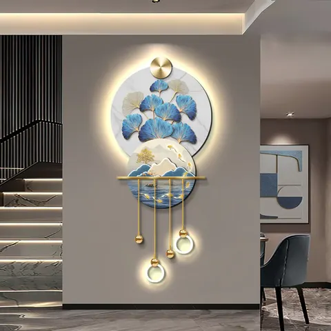 Ginkgo Leaves Picture of Nine Fishes Crystal Porcelain Paintings Metal Pendant Glowed LED Paintings