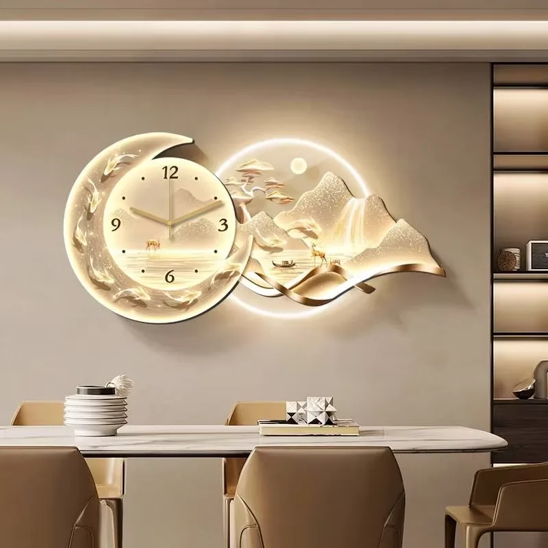 Gold Luxury LED Landscape Art Decorative Acrylic Clock with Motorized Suspension Design for Dining Room Home Decor and Wall Art