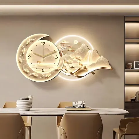 Gold Luxury LED Landscape Art Decorative Acrylic Clock with Motorized Suspension Design for Dining Room Home Decor and Wall Art