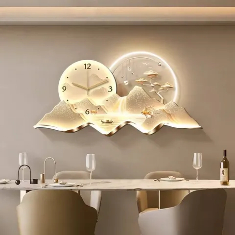 Gold Luxury LED Landscape Art Decorative Acrylic Clock with Motorized Suspension Design for Dining Room Home Decor and Wall Art