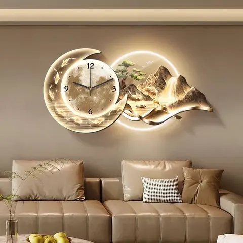 Gold Luxury LED Landscape Art Decorative Acrylic Clock with Motorized Suspension Design for Dining Room Home Decor and Wall Art