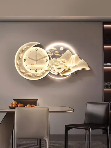 Gold Luxury LED Landscape Art Decorative Acrylic Clock with Motorized Suspension Design for Dining Room Home Decor and Wall Art
