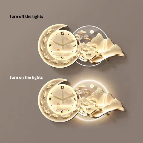 Gold Luxury LED Landscape Art Decorative Acrylic Clock with Motorized Suspension Design for Dining Room Home Decor and Wall Art
