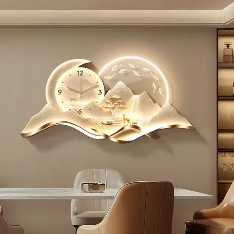 Gold Luxury LED Landscape Art Decorative Acrylic Clock with Motorized Suspension Design for Dining Room Home Decor and Wall Art