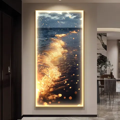 Golden Sea Wave Art Decor Painting Light Luxury High Sense Sea View Corridor LED Glow Crystal Porcelain Painting